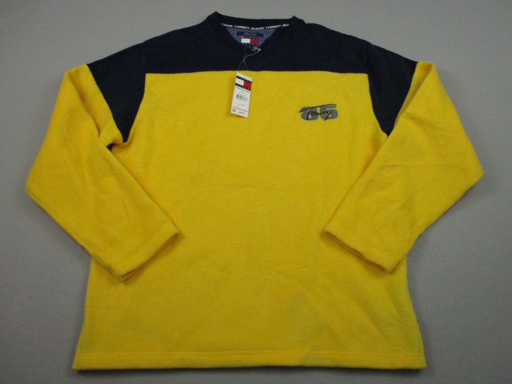 Vintage Tommy Hilfiger Fleece Sweater Men Large Yellow Colorblock Fleece Y2K L *